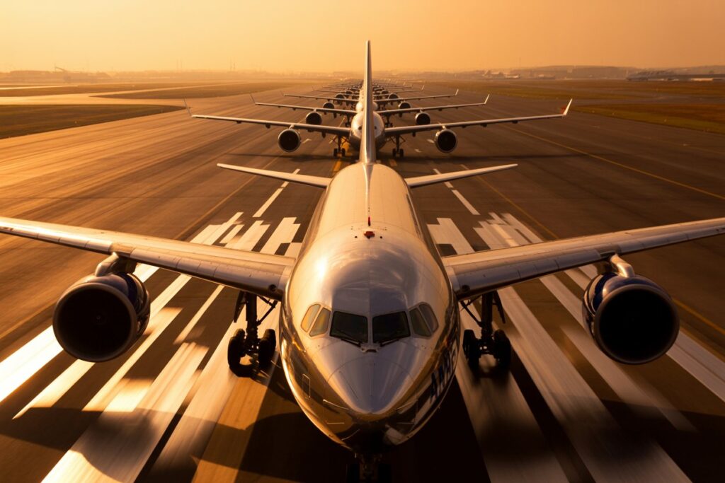 Front view of a large commercial airliner on a taxiway at sunset, lined up with other planes ahead and in the distance on a golden runway.