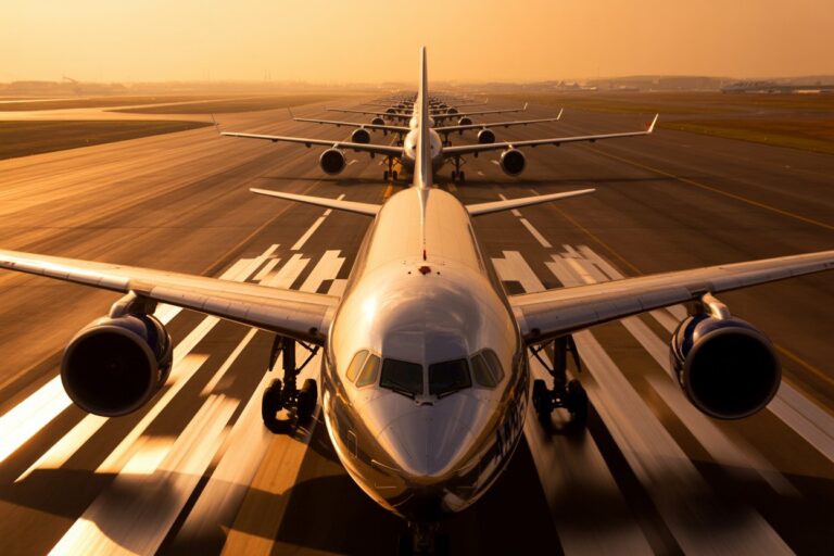 Front view of a large commercial airliner on a taxiway at sunset, lined up with other planes ahead and in the distance on a golden runway.