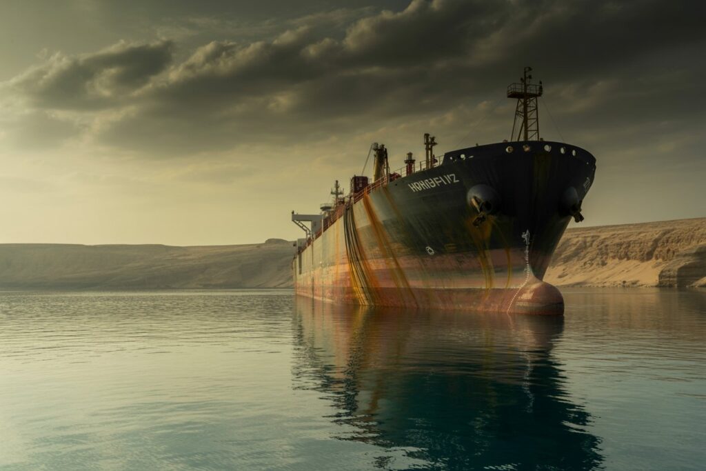 A large cargo ship stranded in calm water near a sandy desert shoreline under a cloudy sky.