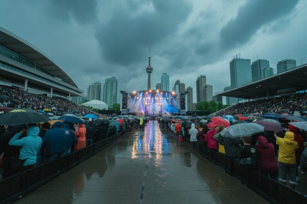 Large outdoor concert at a rain-soaked stadium; crowd with colorful umbrellas watching a brightly lit stage against a city skyline.