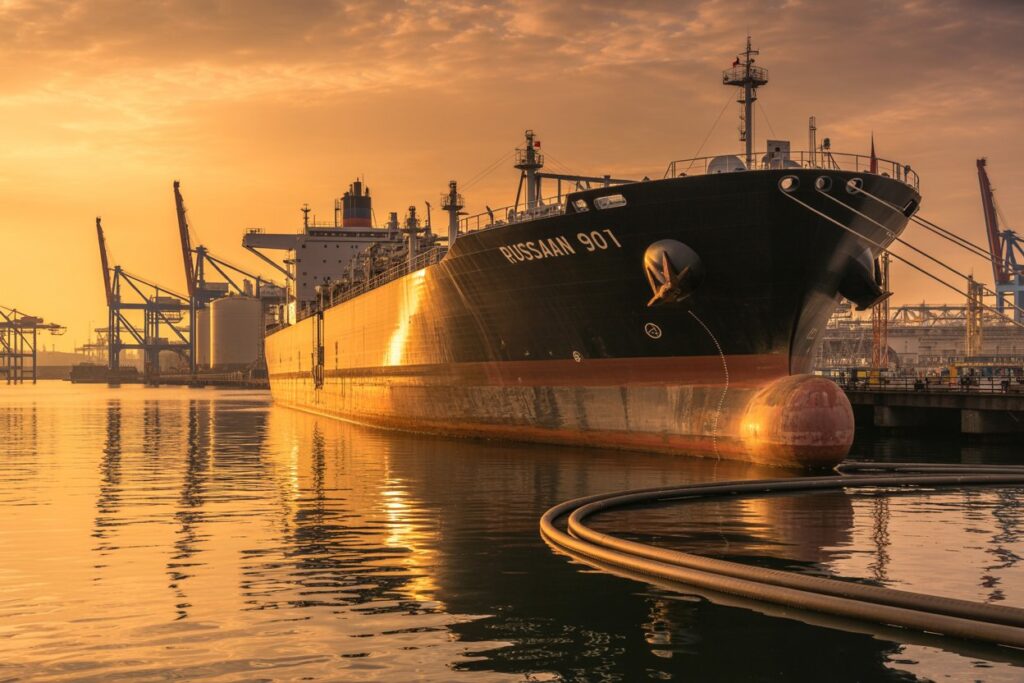 Large black cargo ship named RUSSAAN 907 moored at a port during a golden sunset, with cranes in the background and glowing water reflections.