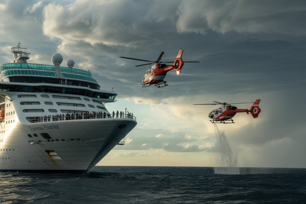 White cruise ship at sea with two red helicopters hovering nearby and water spray beneath the right helicopter.”