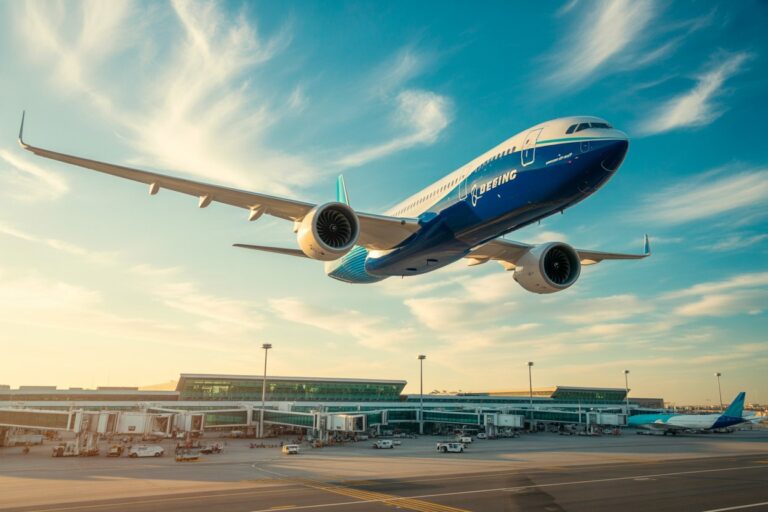 Blue Boeing passenger jet lifting off above an airport terminal and gates at sunset/deserted runway.