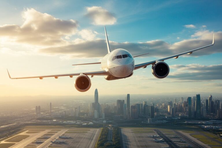 Commercial jet soaring above a city skyline with a runway and airport below at sunset/golden hour moment nearby light.