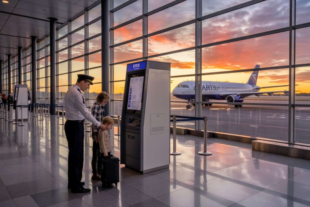 Pilot assists a child and parent with luggage at a self-service check-in kiosk in a bright airport terminal at sunset.