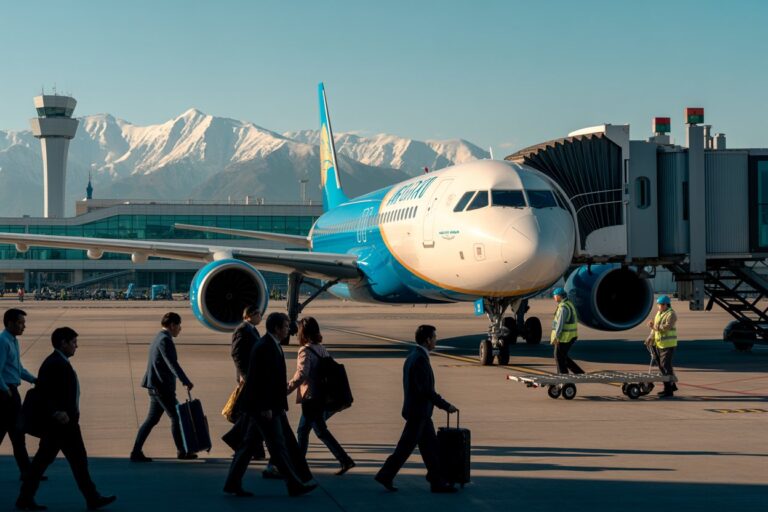 Passengers with rolling suitcases walk past a blue and white commercial airplane at a jet bridge on the tarmac, snow‑capped mountains in the background.