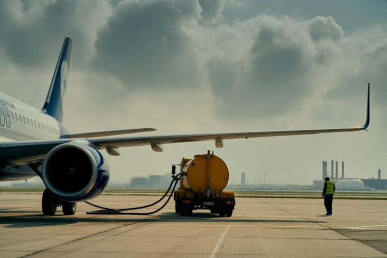 Airliner on the tarmac being refueled by a yellow fuel truck, with a ground crew member in a high-visibility vest nearby.