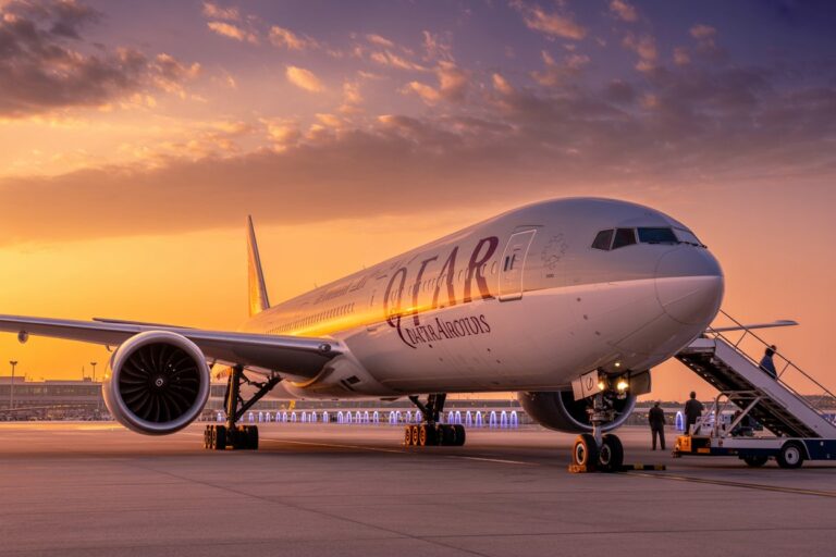 Qatar Airways wide-body jet parked on the tarmac at sunset with boarding stairs attached to the forward door.
