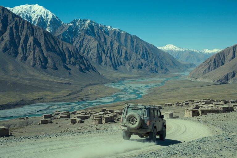 Off-road SUV on a dusty winding road through a barren valley with a river and snow-capped mountains in the distance.