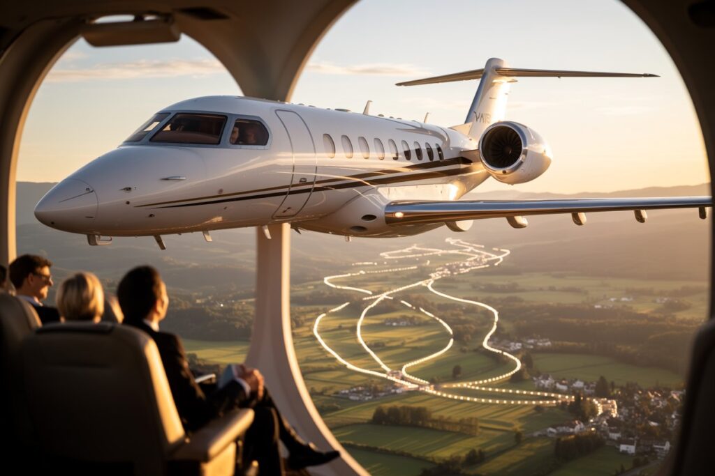 Private jet flies near the cabin window at sunset, with passengers seated and a winding lit landscape below