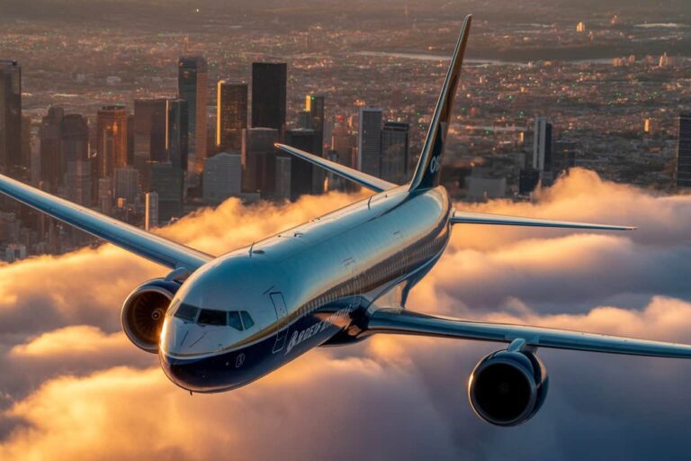 Airplane in flight above a city skyline at sunset with orange clouds below the wings