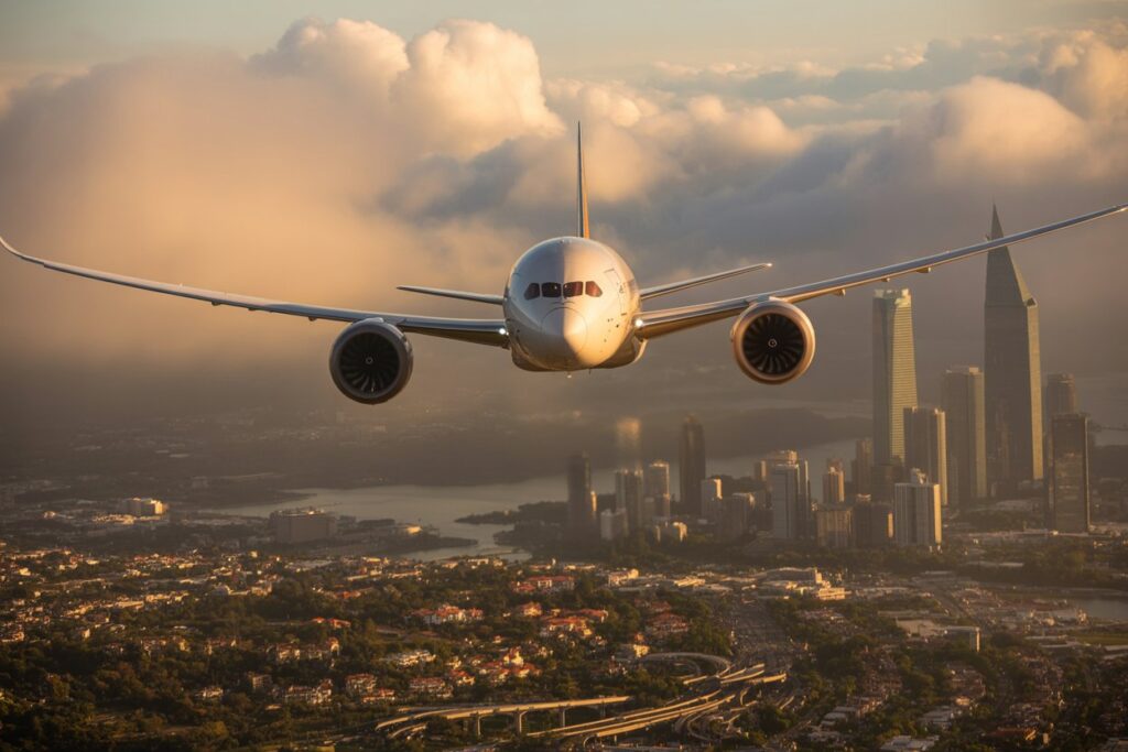 Commercial jet flying toward the camera above a city skyline at golden hour sunset.