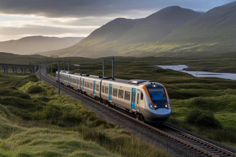 Modern passenger train curving along tracks through a green valley with hills and a stone viaduct in the distance at dusk.