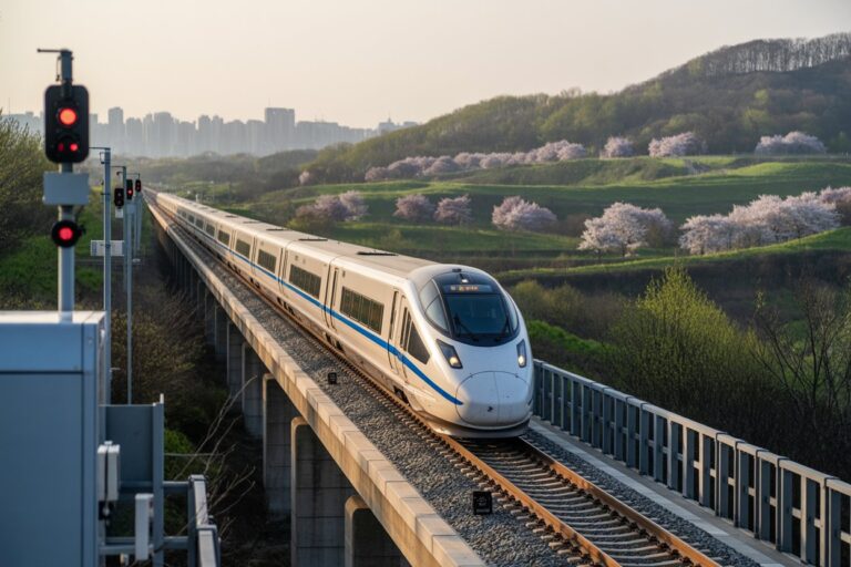 White high-speed train on an elevated track through a spring landscape with pink blossom trees and a distant city skyline.