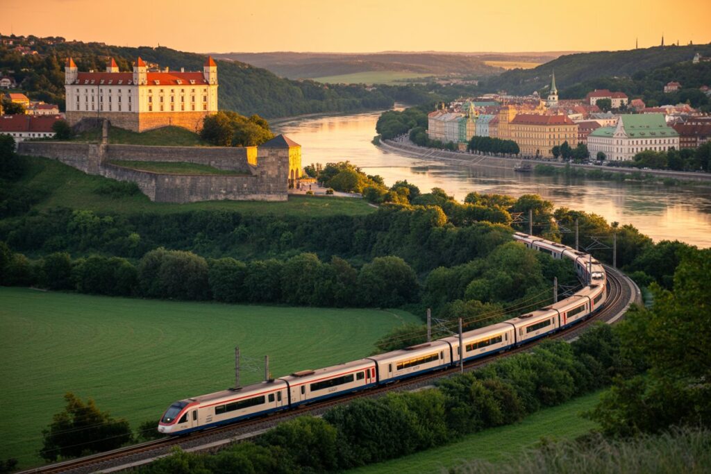 Sunset over a river town with a hilltop castle; a sleek white high‑speed train curves along the tracks in the foreground.