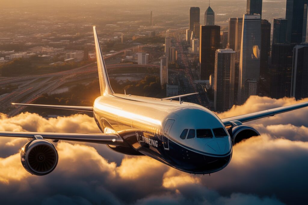Boeing passenger jet flying above orange clouds with a city skyline below at sunset.