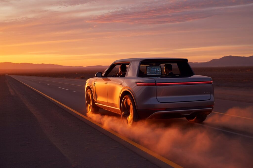 Silver SUV seen from the rear-side, driving on a desert highway at sunset with dust clouds trailing behind.