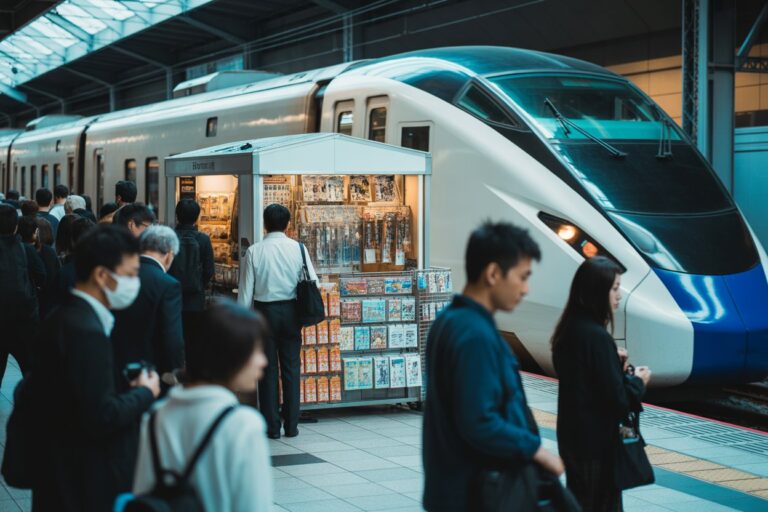 Crowd of commuters on a train platform beside a white-blue high-speed train; a small kiosk sells magazines and snacks.