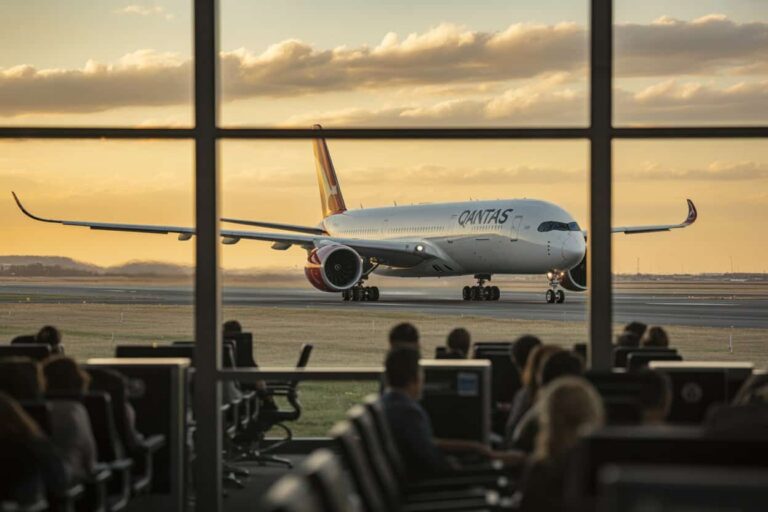 Airplane on the taxiway outside a terminal window, passengers seated inside the airport at desks during sunset.