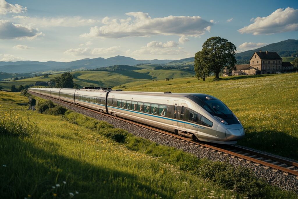 High-speed silver train on tracks through rolling green countryside with a large tree and a stone house in the distance.
