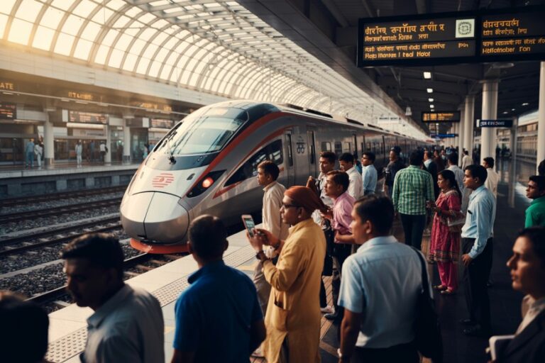 A high-speed passenger train at a busy platform, with commuters waiting and some taking photos.