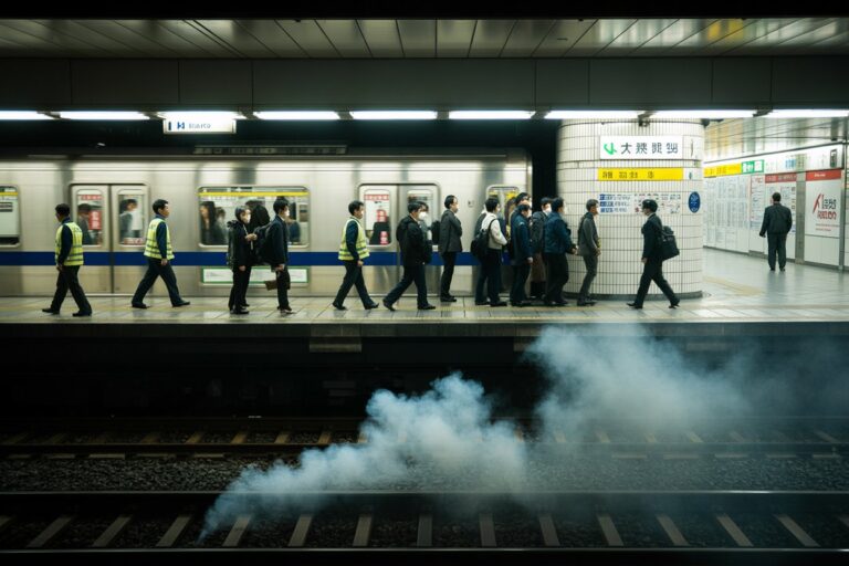 Commuters board a silver subway train on an underground platform; a few workers in yellow safety vests walk by as steam rises from the tracks in front.
