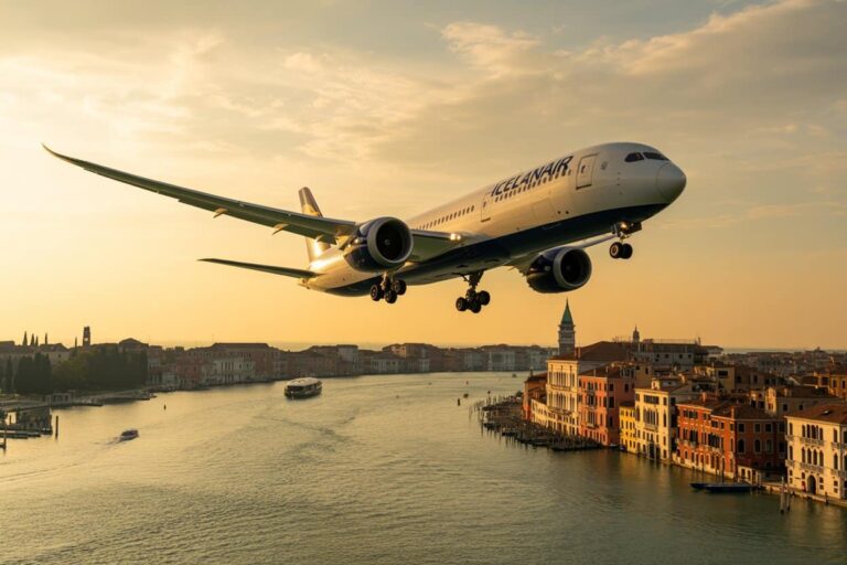 Airplane taking off over a Venetian canal at sunset, with colorful historic buildings lining the waterway.