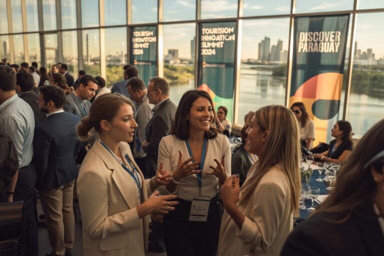 Group of professionals networking and talking at a tourism summit event by large windows with banners behind, including 'Tourism Innovation Summit 2024' and 'Discover Paraguay'.