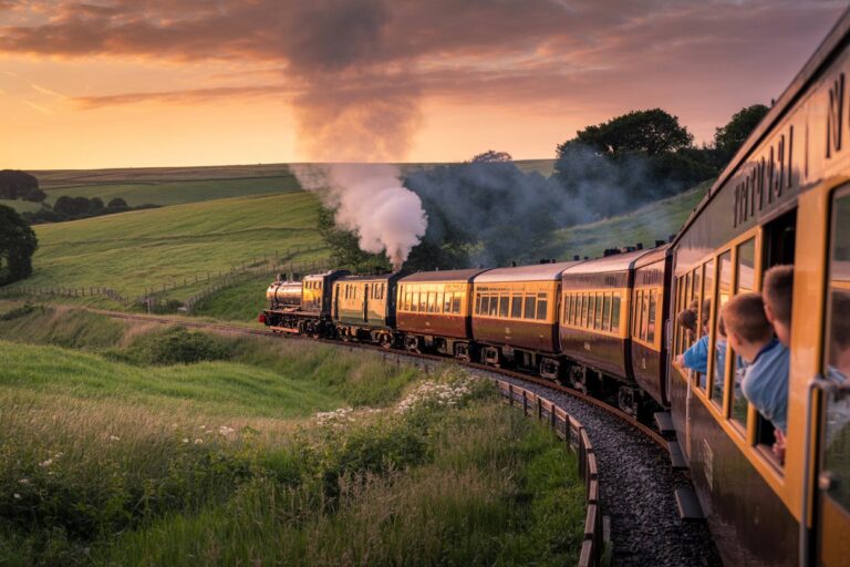 Steam locomotive pulling yellow passenger cars winds through green fields at sunset, with passengers leaning out of the windows to look outside.
