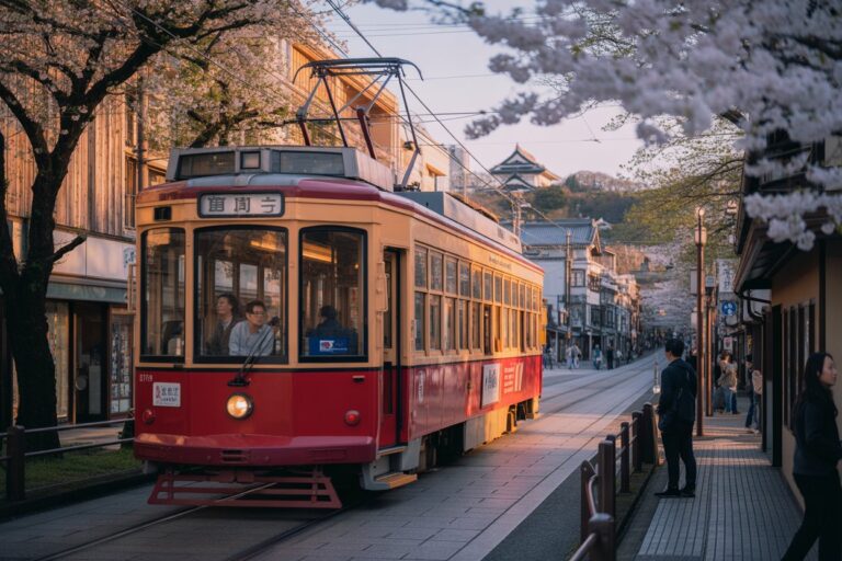 Red and cream streetcar on a cherry blossom-lined street, passengers looking out the windows as it passes by.