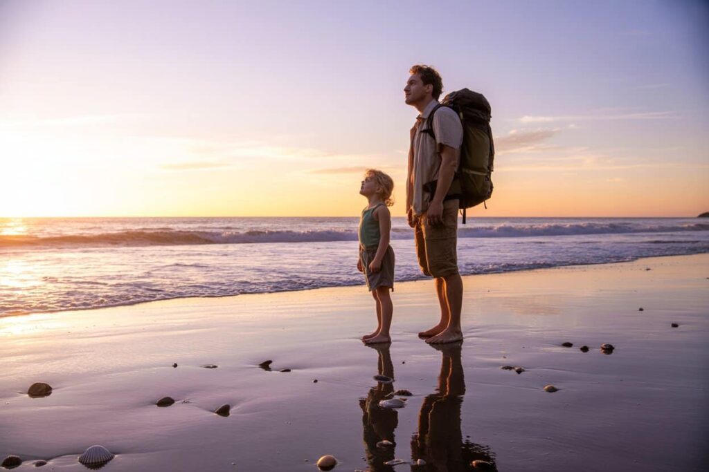 Man with a large backpack stands barefoot on a wet beach at sunset, looking toward the horizon with a child beside him, both reflected in the water.