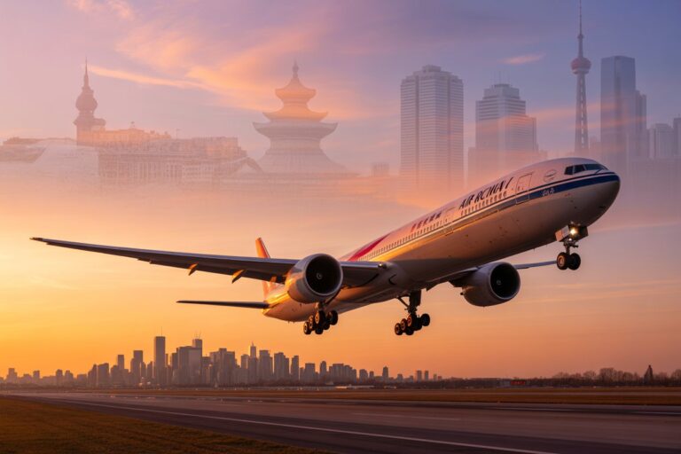 Airline jet taking off from a runway at sunset with a city skyline in the background.