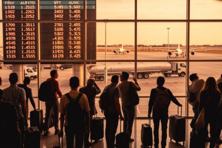 Group of travelers with rolling suitcases standing at a busy airport terminal, looking toward planes on the tarmac and a departure board.",