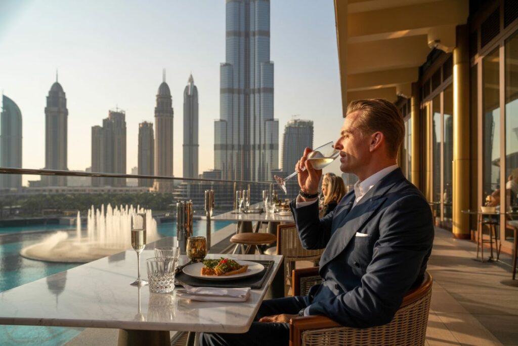 Man in a navy suit sipping wine at an outdoor rooftop restaurant with a city skyline and fountains in the background.