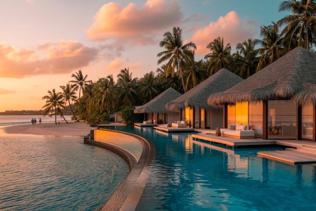 Sunset view of a tropical resort with thatched villas and a curved infinity pool beside a palm-lined beach.