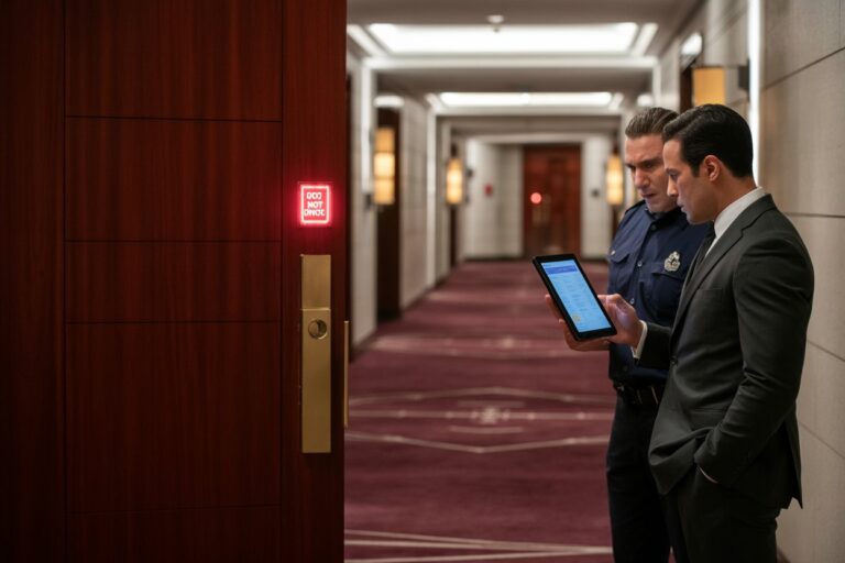 Two men—one in a suit and the other in a police uniform—examine a tablet in a maroon-carpeted hotel hallway.