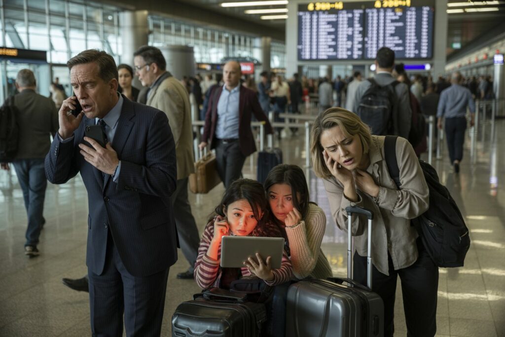Travelers in a busy airport check a tablet for flight info while two girls with luggage look anxious; man on a call nearby.