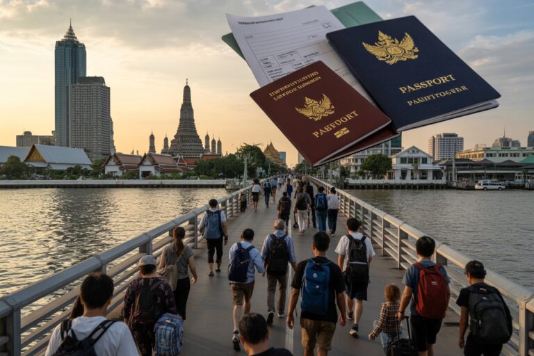 Crowded pedestrian bridge at sunset over a river, with a city skyline and temples in the background; oversized blue and maroon passports hover in the top-right corner, suggesting travel.