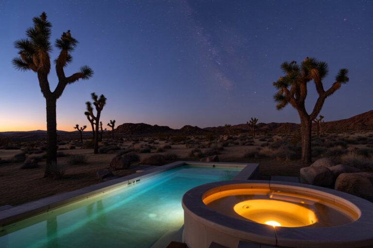 Starry desert night with Joshua trees, a glowing rectangular pool and a circular hot tub in the foreground.