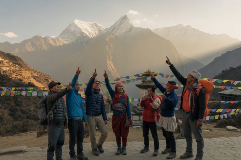 Group of hikers stands on a mountain overlook, pointing skyward as prayer flags flutter in the breeze, snow-capped peaks behind them.