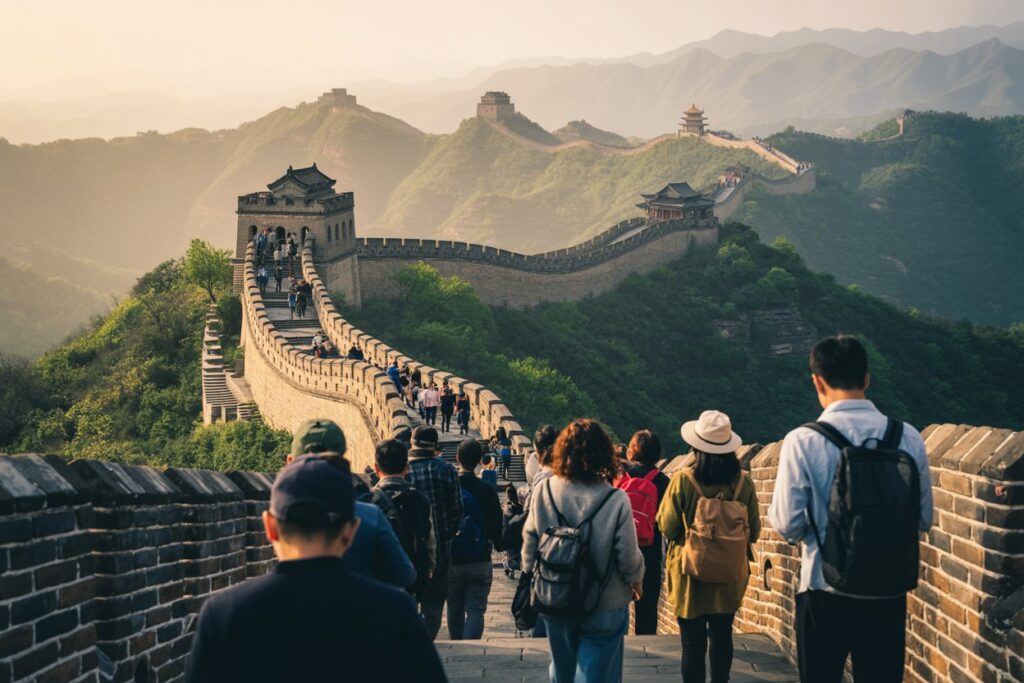 Tourists walk along the Great Wall of China as it winds over green hills at sunset, with distant watchtowers and mountains.