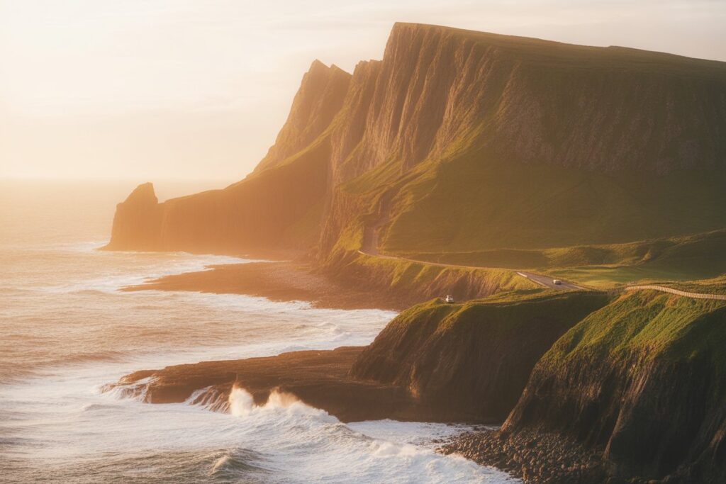 Golden sunset over towering green cliffs along a winding coastal road above crashing waves.
