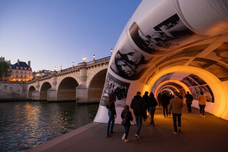 People walk through a glowing photo-tunnel along the river with a historic arched bridge in the background at dusk modeled with warm lights.