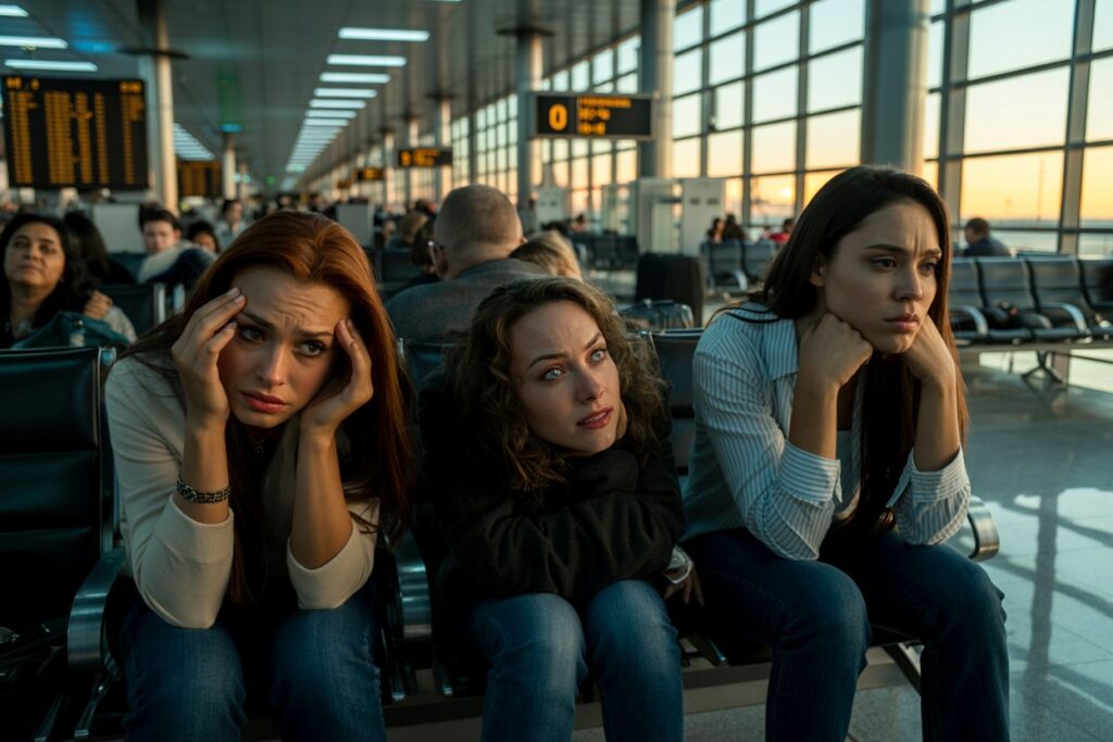Three young women sit in an airport terminal, looking worried as flight boards glow in the background.