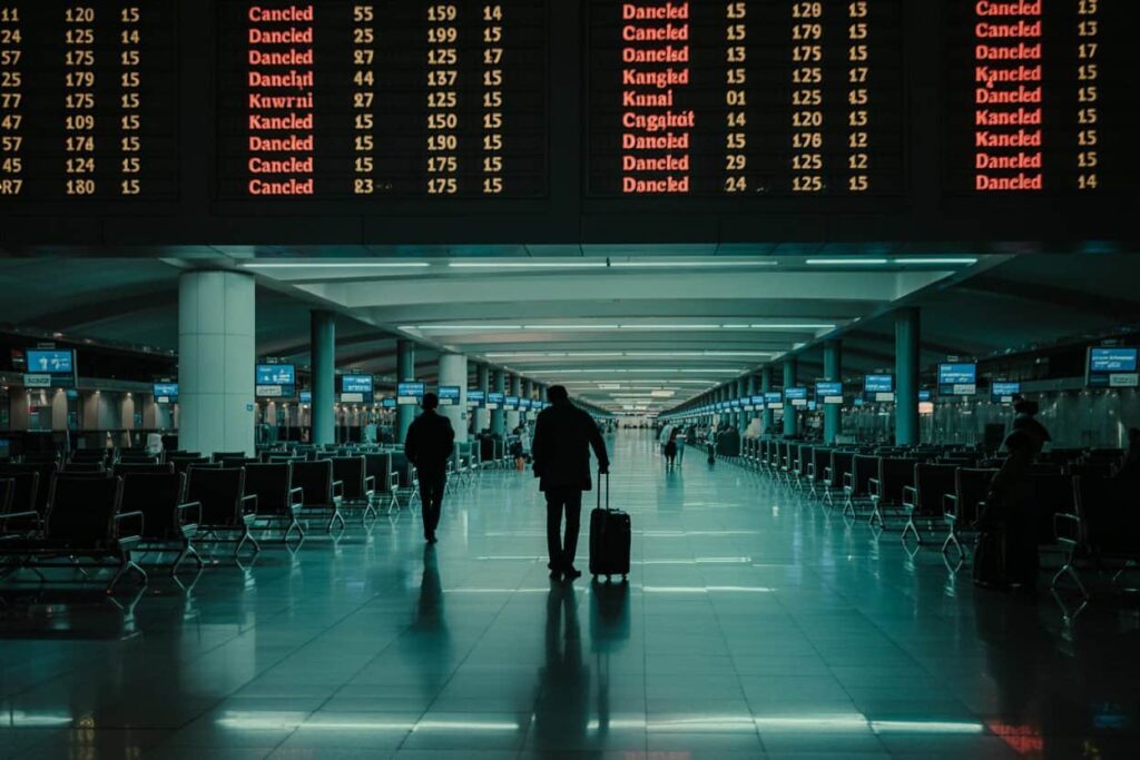 Silhouette of a traveler with rolling suitcase walking through an empty airport terminal beneath large electronic departure boards.