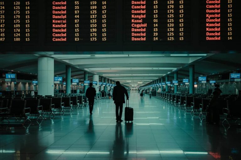 Silhouette of a traveler with rolling suitcase walking through an empty airport terminal beneath large electronic departure boards.