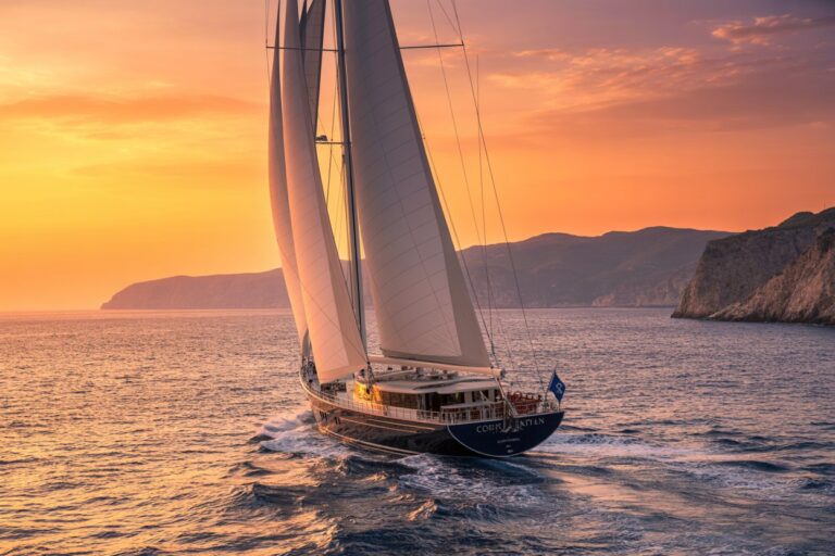 Sailing yacht gliding through calm sea at sunset, cliffs in the distance on the right.