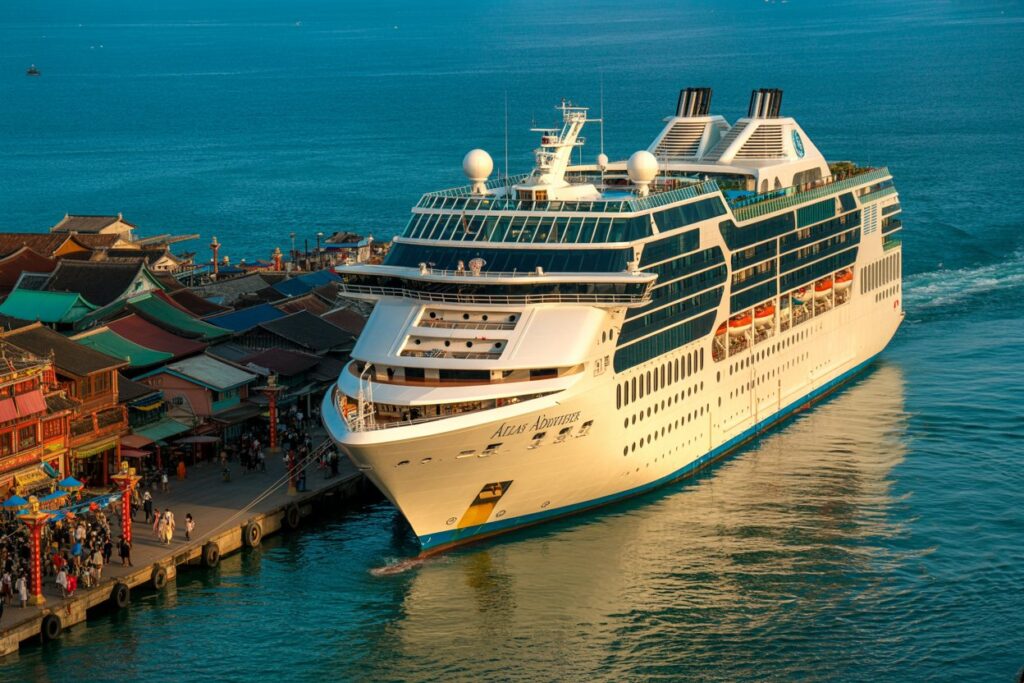 Large white cruise ship docked at a busy harbor beside colorful traditional buildings, turquoise sea in the background.