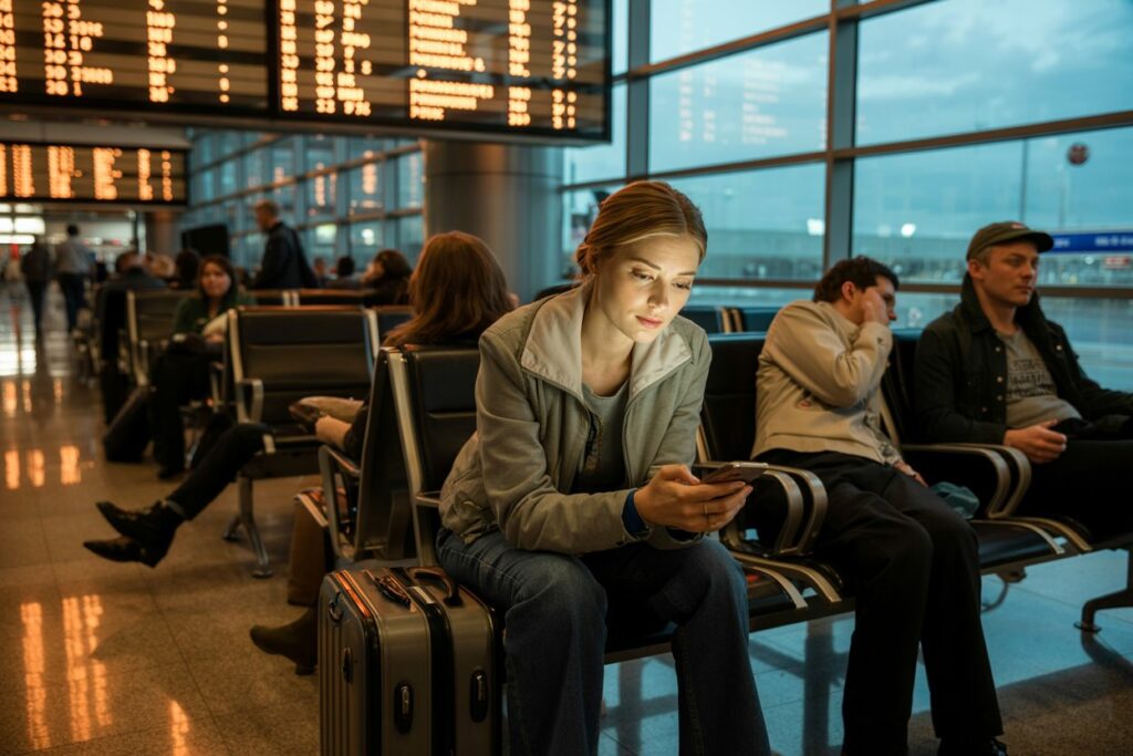 Woman in an airport terminal seated with a rolling suitcase, looking at her phone while others wait nearby.