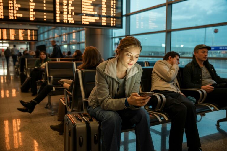 Woman in an airport terminal seated with a rolling suitcase, looking at her phone while others wait nearby.